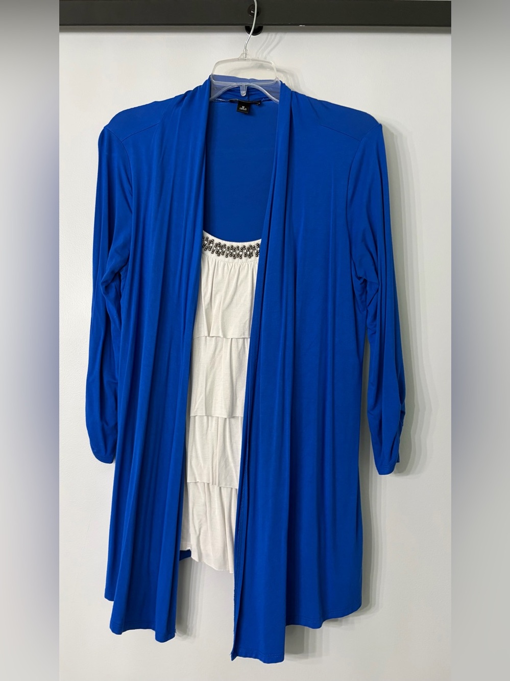 AB Studio Royal Blue Open Front Cardigan with Ivory Tank